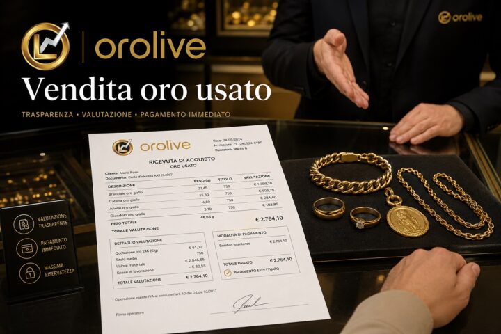 Vendita oro usato OroLive Roma: ricevuta di acquisto dettagliata sul banco con gioielli in oro e operatore — trasparenza, valutazione e pagamento immediato