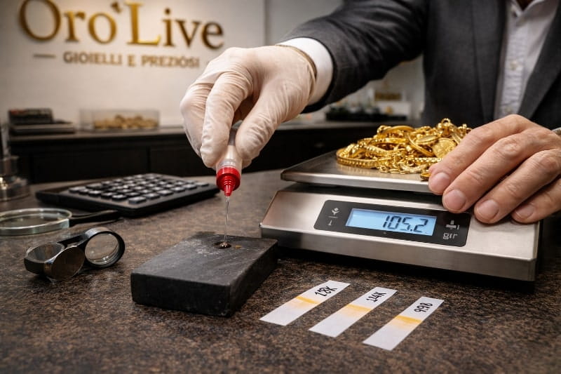 Pesatura e analisi dell’oro durante l’acquisto
