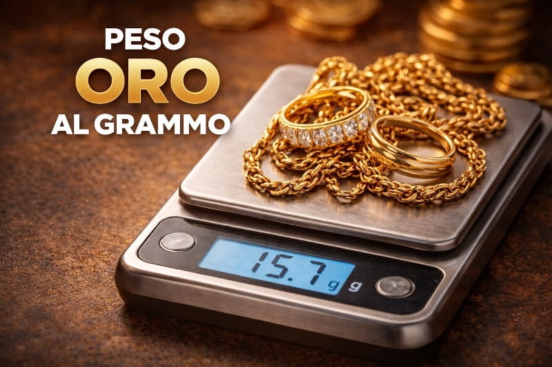 Pesatura dell’oro su bilancia di precisione per il calcolo del prezzo al grammo