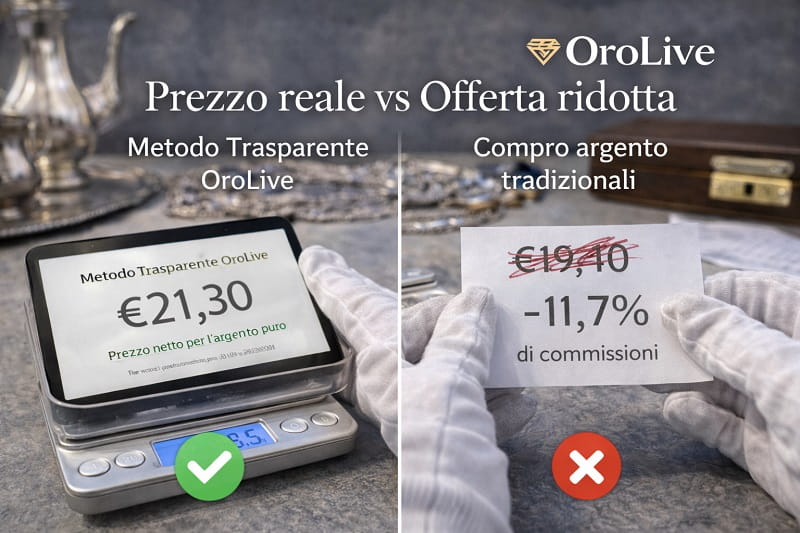 Confronto tra prezzo reale dell’argento e offerta ridotta di operatori tradizionali