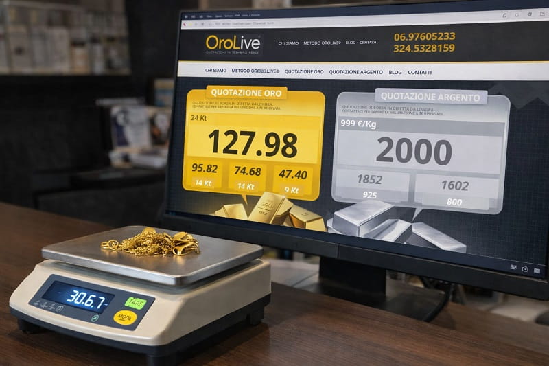 Bilancia per valutazione oro con quotazioni aggiornate visibili