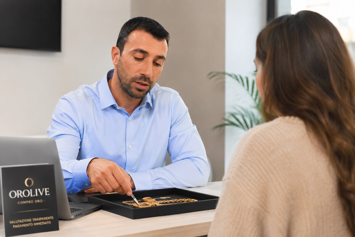 Cliente durante la valutazione dell'oro presso OroLive a Roma