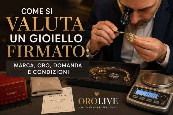 Valutazione professionale di un gioiello firmato usato con lente, bilancia e controllo del marchio