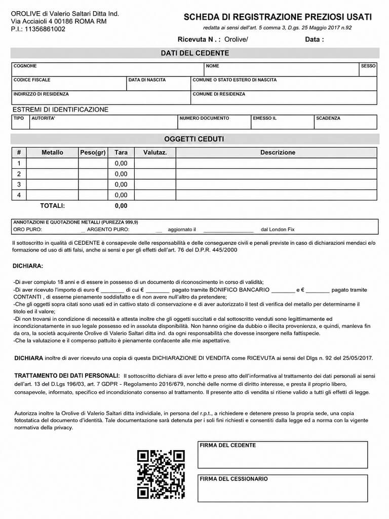 Scheda di registrazione preziosi usati OroLive per la cessione di oro e gioielli