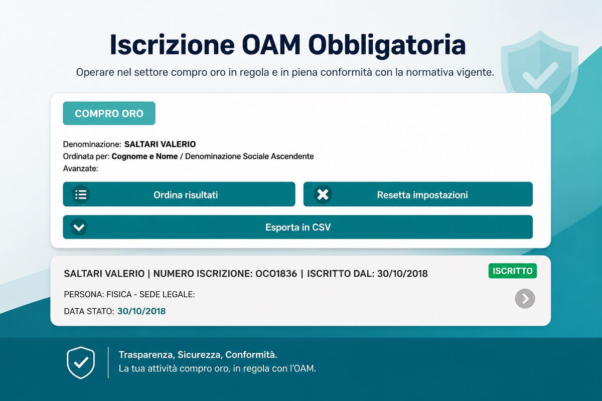 Certificato di iscrizione OAM Organismo Agenti Mediatori compro oro OroLive OCO1836