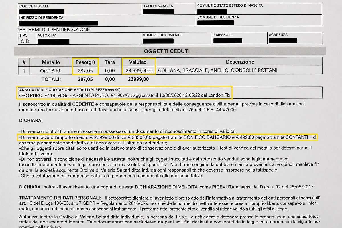 Ricevuta di vendita oro usato OroLive: peso 287g oro 18kt, quotazione London Fix, pagamento 23.500€ bonifico e 499€ contanti